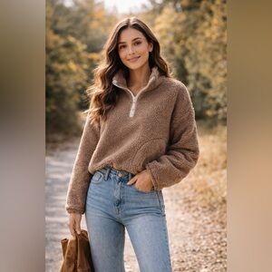 Brown Teddy Sherpa Half Zip Pullover Cropped Fleece Sweater-large